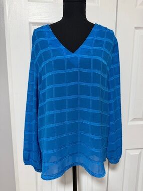 Counterparts Bright Blue V-Neck Sheer Windowpane Blouse